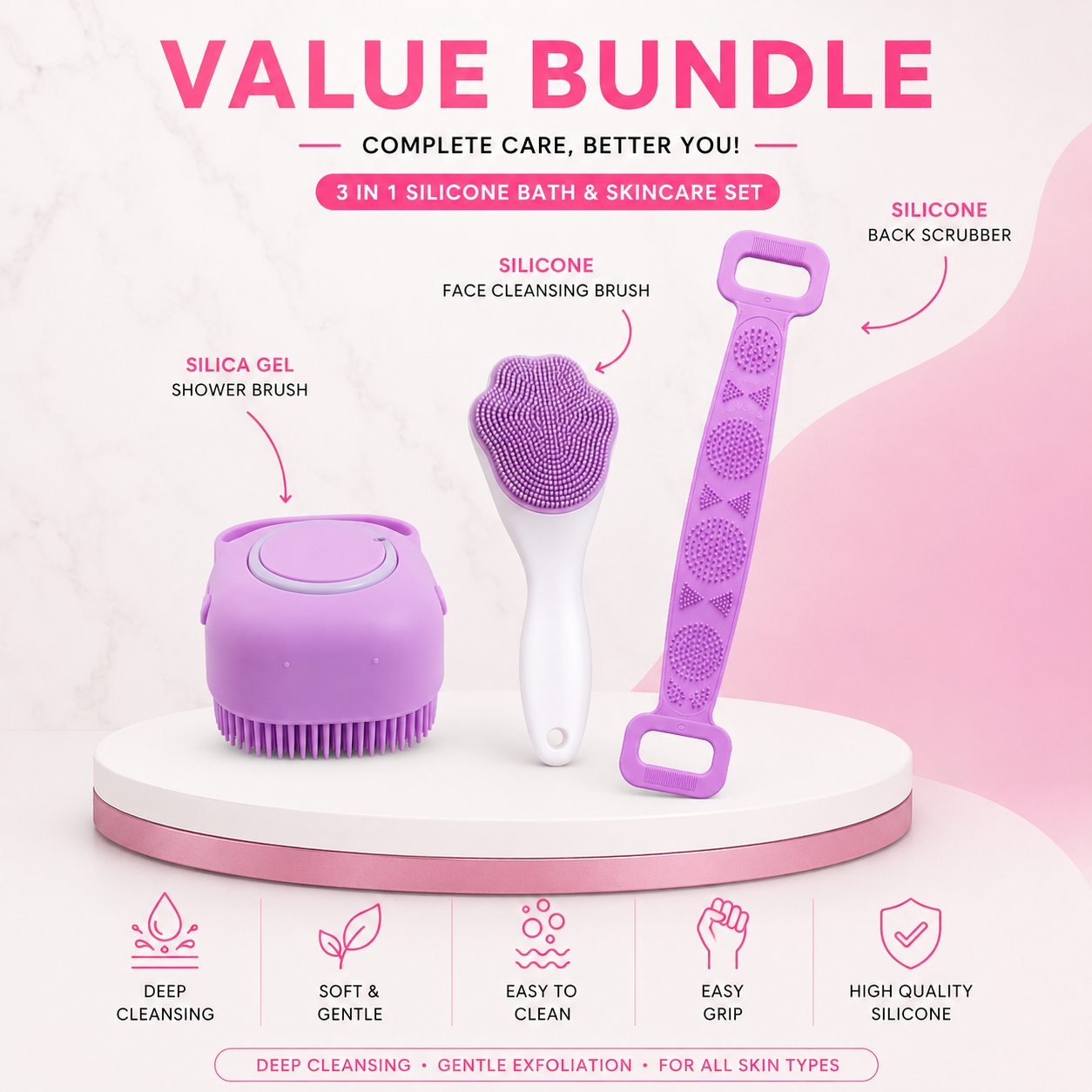 3 in 1 Silicone Bath & Skincare Set Shower Brush Back Scrubber & Face Cleansing Brush Bundle
