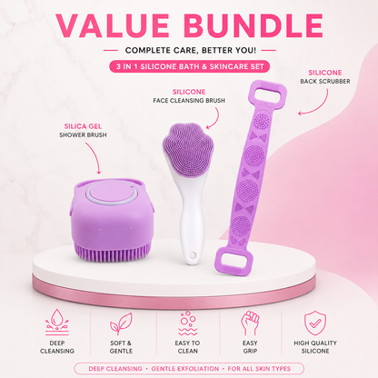 3 in 1 Silicone Bath & Skincare Set Shower Brush Back Scrubber & Face Cleansing Brush Bundle
