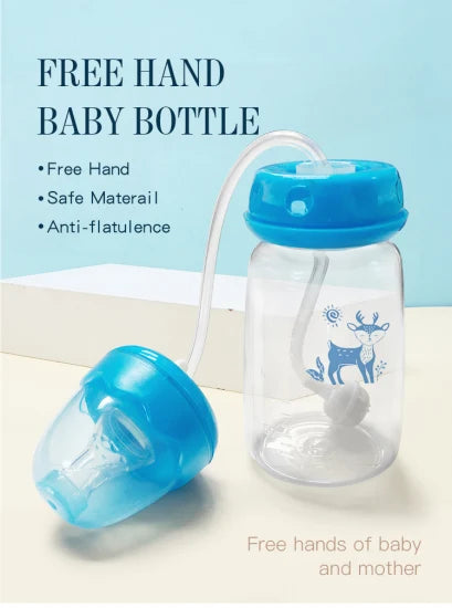 Baby Hands Free Feeding Bottle 150ml BPA Free Anti Colic Self Feeding Bottle with Straw & Cleaning Brush