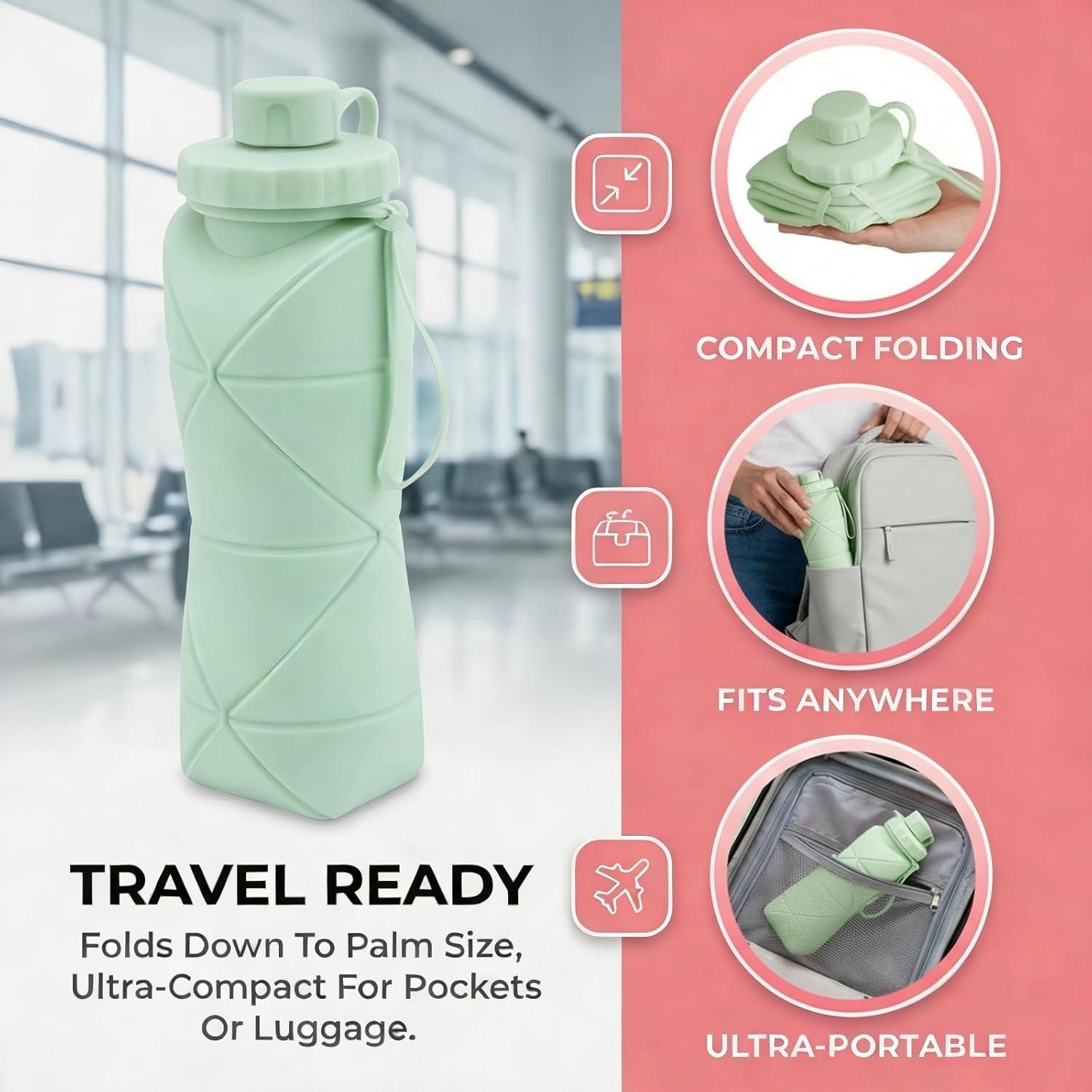 Collapsible Silicone Water Bottle 600ml Foldable Leak Proof Travel Sports Water Bottle